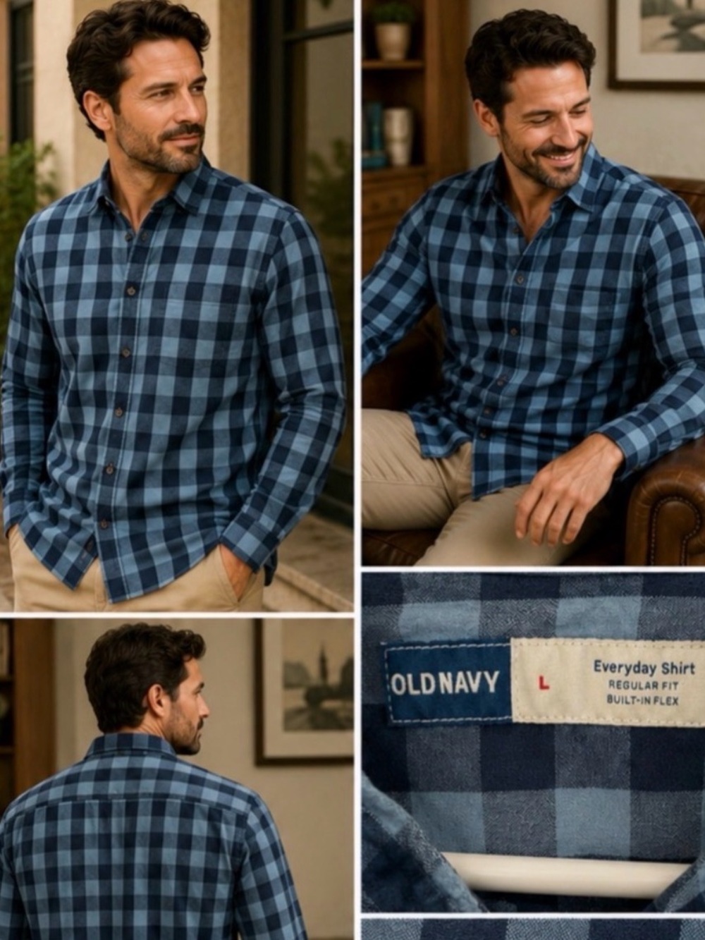 Old Navy Everyday Shirt Men's Large Blue Buffalo Check Regular Fit Built-In Flex